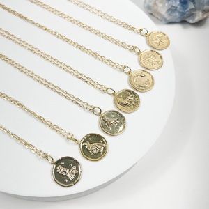 Zodiac 14k gold filled necklace, coin, sign, Aries Taurus Gemini Cancer Leo